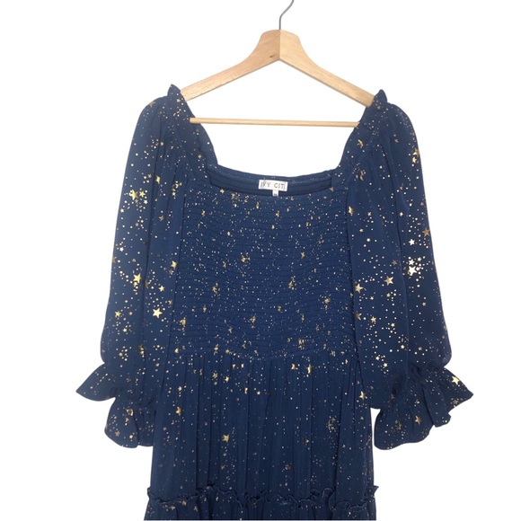 IVY CITY CO Starry Nights Navy Blue Gold Star Midi Dress Size XXL Holiday Party - Picture 3 of 7